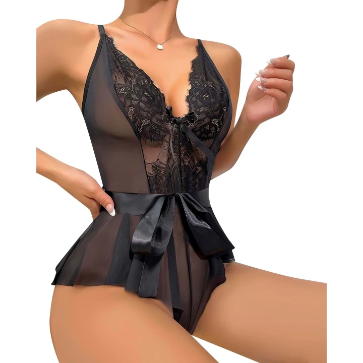 Siyah Dantel İşlemeli Kurdelalı Fantezi Tül Babydoll