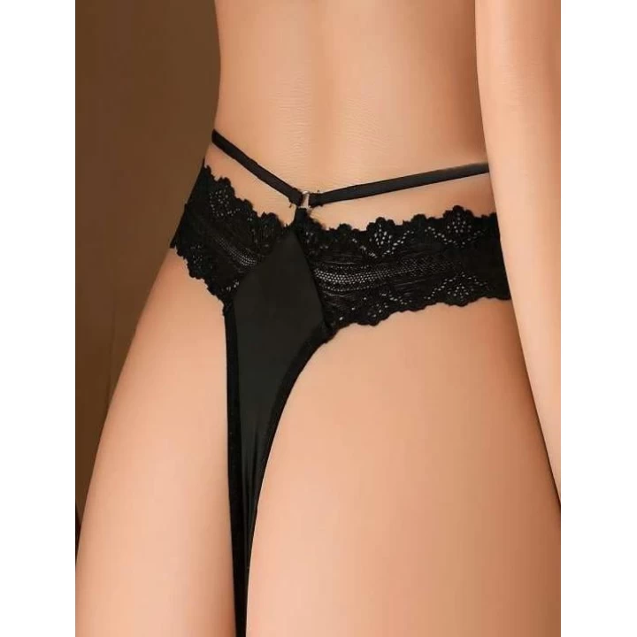 Siyah Dantelli İp Detaylı Fantezi String Tanga