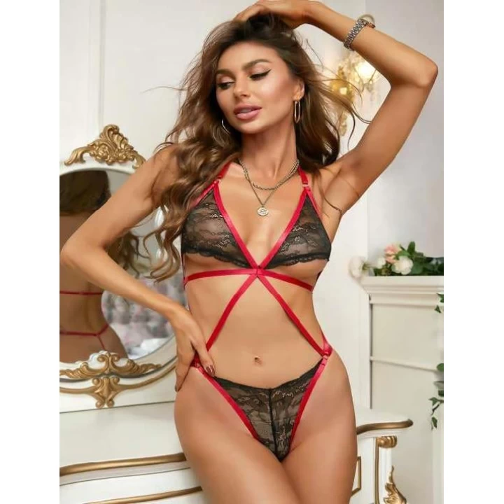 Siyah Kırmızı İp Detaylı Fantezi Sütyen Takımı