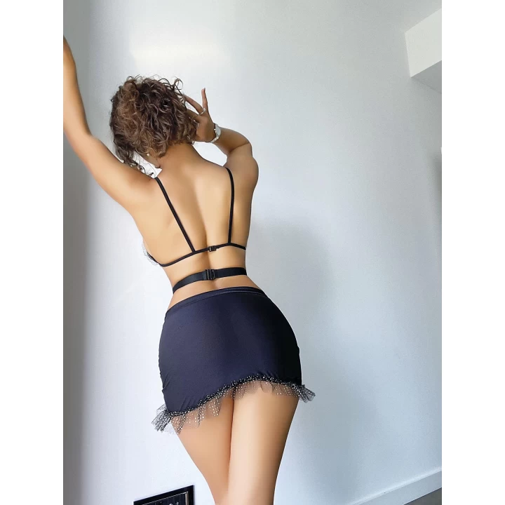 Siyah Mini Tül Detaylı Fantezi Elbise