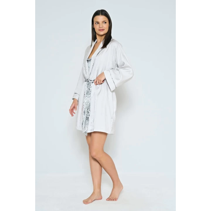 Viskon Jakarlı Sabahlıklı Desenli Şortlu Pijama Takımı
