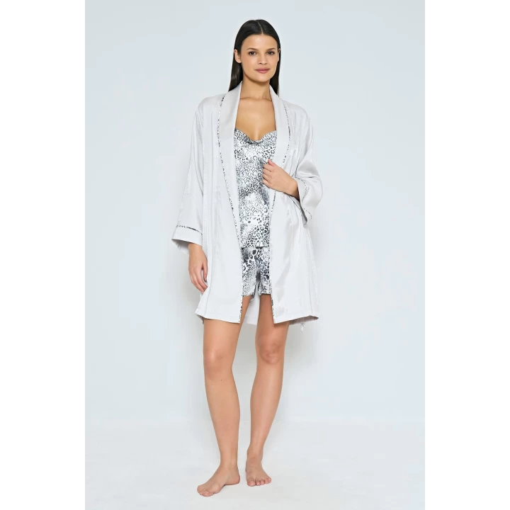 Viskon Jakarlı Sabahlıklı Desenli Şortlu Pijama Takımı