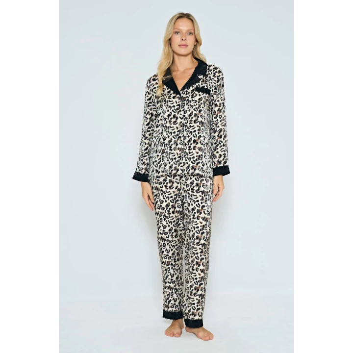 Viskon Leopar Desenli Önden Düğmeli Pijama Takımı