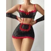 5 Parça Kırmızı Siyah Dantel Çiçek Desen Hizmetçi Model Özel Fantazi Tanga Hediyeli 3815