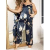 Büyük Beden Mavi Üstüne Çiçek Desenli İnce Askılı 2li Saten Pijama Takımı