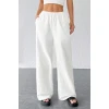 Kadın Beyaz Bol Kesim Cepli Geniş Paça Dökümlü Pantolon