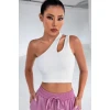Kadın Beyaz Tek Omuz Cut Out Detaylı Crop Top Bluz