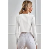 Kadın Beyaz Uzun Kollu Önden Bağlama Detaylı Crop Top Bluz