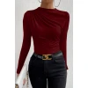 Kadın Bordo Belden ve Boyundan Büzgü Detaylı Uzun Kollu Bluz