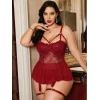 Kadın Bordo Dantelli Transparan Büyük Beden Fantezi Gecelik Takımı 8002