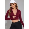 Kadın Bordo Uzun Kol Fermuarlı Parmak Geçme Detaylı Dik Yaka Crop Top Bluz