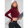 Kadın Bordo Uzun Kol Fermuarlı Parmak Geçme Detaylı Dik Yaka Crop Top Bluz