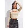 Kadın Ekru Göğüs Dekolteli Uzun Kollu Cut Out Crop Top Bluz