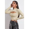 Kadın Ekru Göğüs Dekolteli Uzun Kollu Cut Out Crop Top Bluz