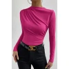 Kadın Fuşya Belden ve Boyundan Büzgü Detaylı Uzun Kollu Bluz