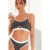 Kadın Gri Antrasit Kaşkorse ve Beyaz Lastikli Cut-Out Tanga Külotlu Takım