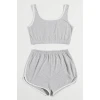 Kadın Gri Askılı Crop Top ve Şortlu Gecelik Takım