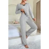 Kadın Gri Çizgili Uzun Kollu Fiyonk Detaylı Pijama Takımı Rahat Mevsimlik