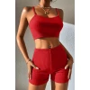 Kadın Kırmızı Şortlu Kaşkorse Gecelik Takım