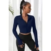 Kadın Lacivert Uzun Kol Fermuarlı Parmak Geçme Detaylı Dik Yaka Crop Top Bluz