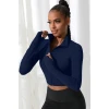 Kadın Lacivert Uzun Kol Fermuarlı Parmak Geçme Detaylı Dik Yaka Crop Top Bluz