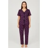 Kadın Mor Kalp Desenli Fiyonklu Kısa Kollu Uzun Pijama Takımı