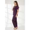 Kadın Mor Kalp Desenli Fiyonklu Kısa Kollu Uzun Pijama Takımı