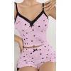 Kadın Pembe Kalp Desenli Askılı Şortlu Pijama Takım 6647