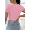 Kadın Pembe Yarım Kol Düz Yaka Crop Top Bluz