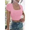 Kadın Pembe Yarım Kol Düz Yaka Crop Top Bluz