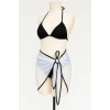 Kadın Siyah Beyaz Pareolu Yandan ve Boyundan Bağlamalı 3lü Bikini Takımı