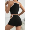 Kadın Siyah Beyaz Şortlu Cut-out Detaylı Gecelik Takımı