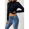 Kadın Siyah Çapraz Bel Detaylı Dik Yaka Uzun Kol Crop Top Bluz
