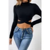 Kadın Siyah Çapraz Bel Detaylı Dik Yaka Uzun Kol Crop Top Bluz