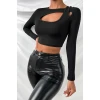 Kadın Siyah Göğüs Dekolteli Çapraz Askılı Uzun Kollu Crop Top Bluz