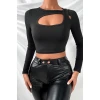 Kadın Siyah Göğüs Dekolteli Çapraz Askılı Uzun Kollu Crop Top Bluz