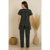 Kadın Siyah Kalp Desenli Fiyonklu Kısa Kollu Uzun Pijama Takımı