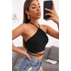 Kadın Siyah Sırtı Açık Boyundan Çapraz Bağlamalı Crop Top Bluz