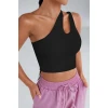 Kadın Siyah Tek Omuz Cut Out Detaylı Crop Top Bluz