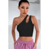 Kadın Siyah Tek Omuz Cut Out Detaylı Crop Top Bluz