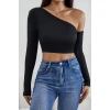 Kadın Siyah Tek Omuz Detaylı Uzun Kol Crop Top Bluz