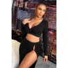 Kadın Siyah Uzun Kol Göğüs ve Göbek Dekolteli Fermuarlı Crop Top Bluz