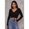 Kadın Siyah Uzun Kollu Büzdürme Bağcık Detaylı Crop Top Bluz
