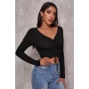 Kadın Siyah Uzun Kollu Büzdürme Bağcık Detaylı Crop Top Bluz