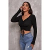 Kadın Siyah Uzun Kollu Büzdürme Bağcık Detaylı Crop Top Bluz