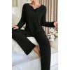 Kadın Siyah Uzun Kollu Fiyonklu Yuvarlak Yaka Mevsimlik Pijama Takımı