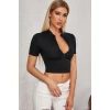 Kadın Siyah Yarım Fermuarlı ve Kısa Kollu Crop Top Bluz