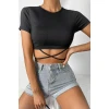 Kadın Siyah Yarım Kol Çapraz Bağlamalı Crop Top Bluz
