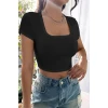Kadın Siyah Yarım Kol Düz Yaka Crop Top Bluz