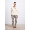 Kadın Uzun Kollu T-shirt Ve Pantolon Pijama Takımı – % Pamuk, Leopar Desen Detaylı